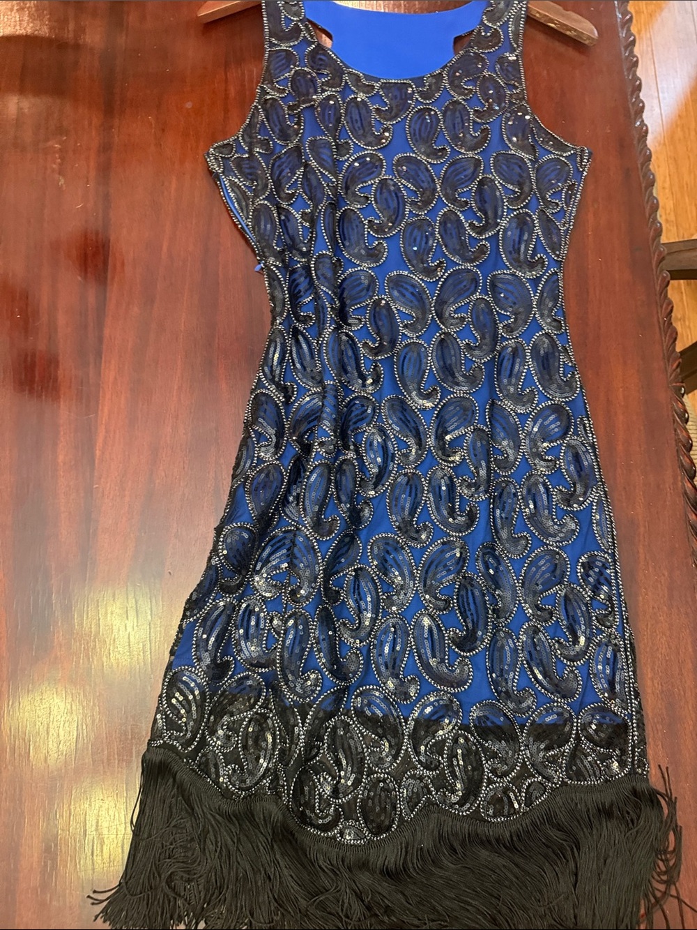 Beaded Navy Blue Fringe Evening Dress